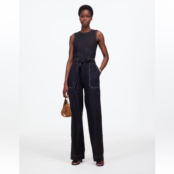 Madewell jet black Contrast-Stitch Relaxed Straight-Leg Jumpsuit in Linen size 2 - Picture 1 of 13